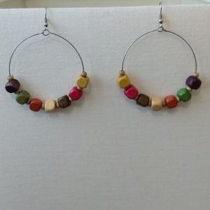 Homemade wooden bead circle hoop large earrings